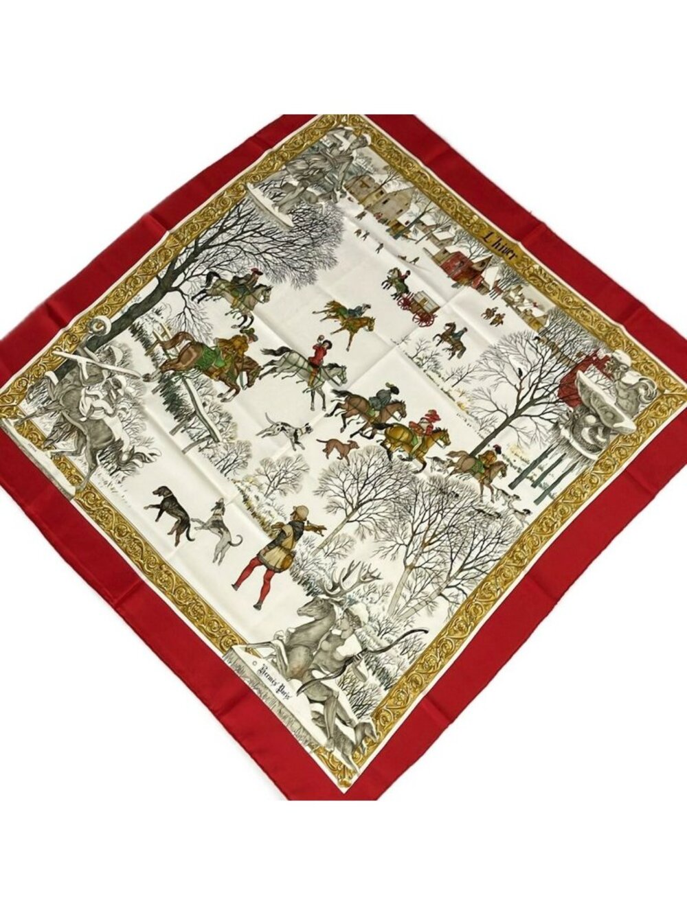 Hermes Scarf Carre 90 Red Gold L'hiver